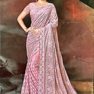 Elegant Pink / Chiffon Lace Saree for special occasions